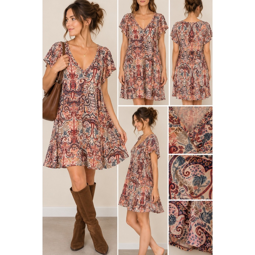 Knox Rose Dress Medium Pink Paisley Boho Tiered Short Sleeve V-Neck Mini